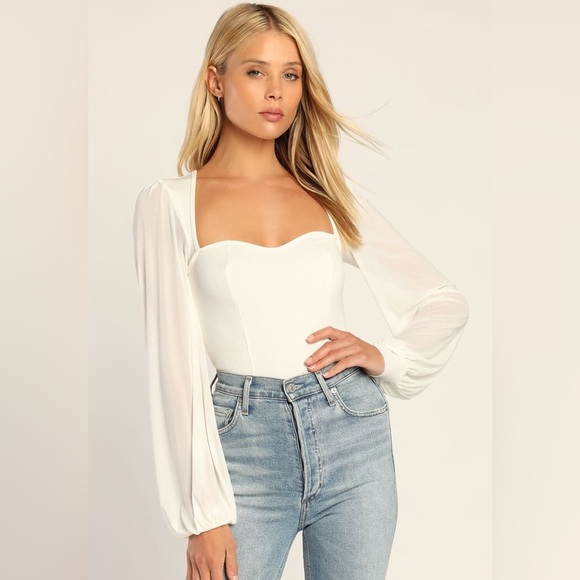Lulus Sensational Sweetheart White Ribbed Balloon Sleeve Bodysuit, Size S, NWT - Picture 3 of 16